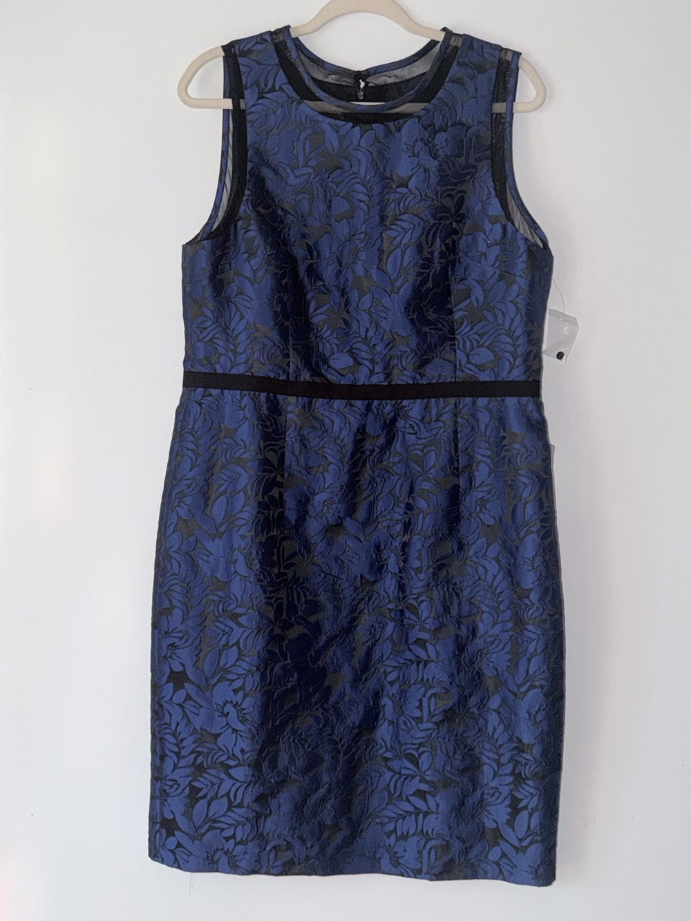 Maggy London Navy Blue and Black Floral Jacquard Midi Dress